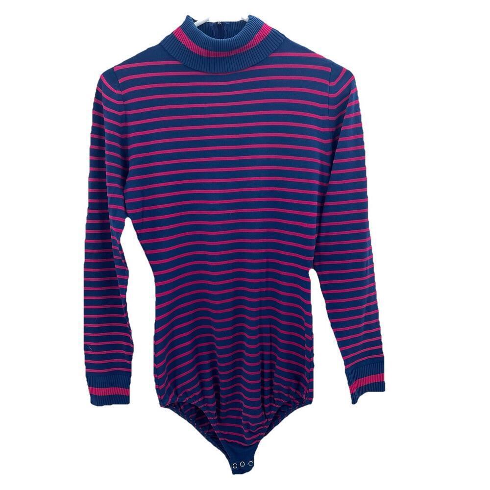 Vintage 70's Jump Shirt Red Navy Blue Striped Ribbed Turtleneck Bodysuit Medium